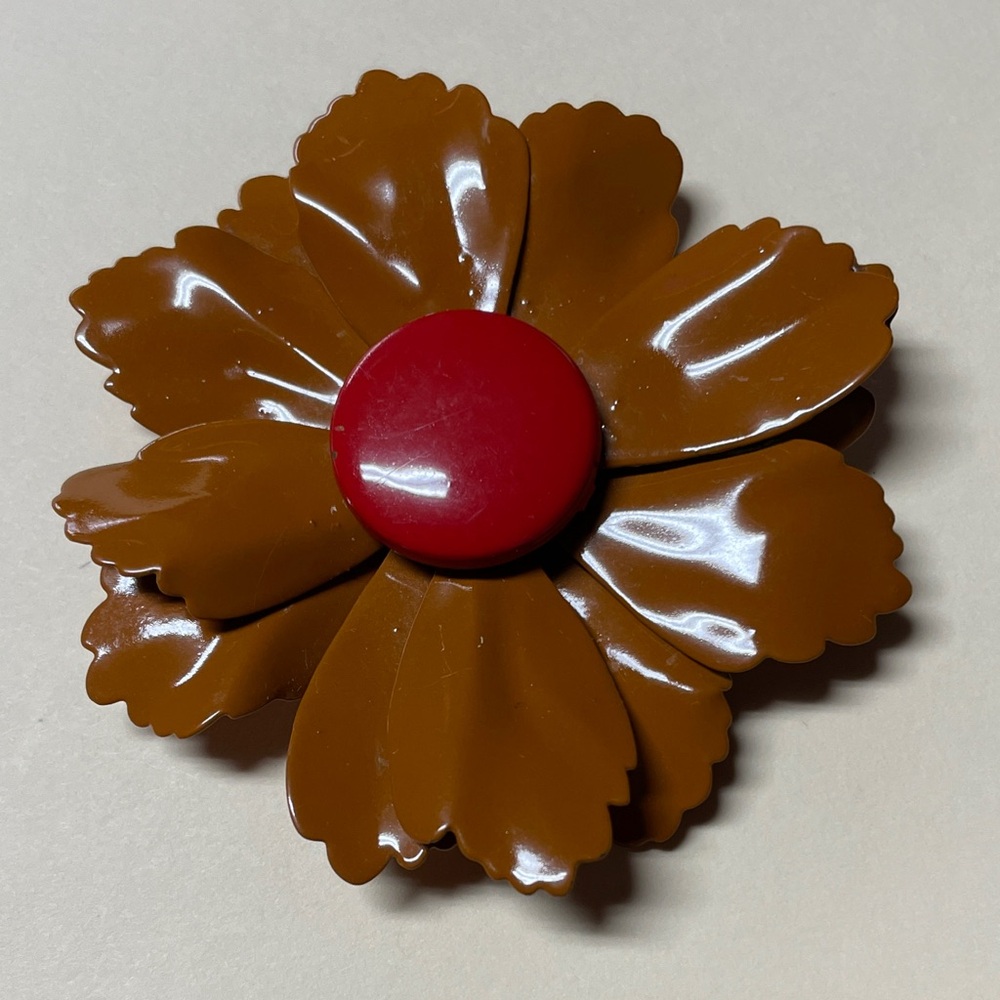 Vintage Brown Flower Brooch with Red Center